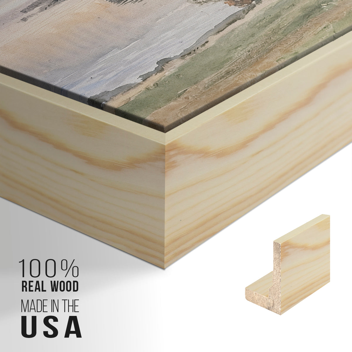Close-up of the natural wood floater frame corner and gallery wrapped canvas construction.