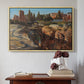 Natural wood floater framed canvas featuring Palatine in Rome, c. 1921 by Edward Theodore Compton above an entryway table in a minimalist foyer.