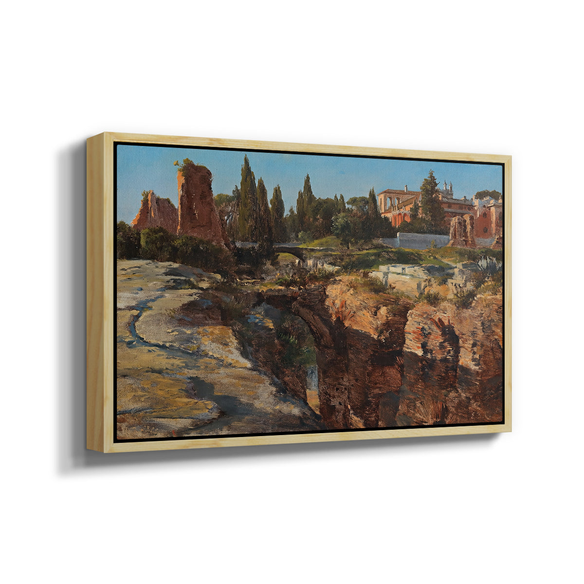 Angled view of Palatine in Rome, c. 1921 by Edward Theodore Compton in a natural wood floater framed canvas.