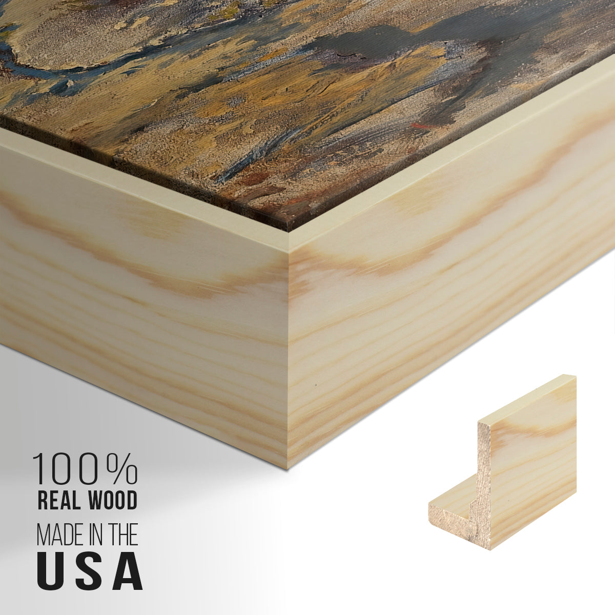 Close-up of the natural wood floater frame corner and gallery wrapped canvas construction.