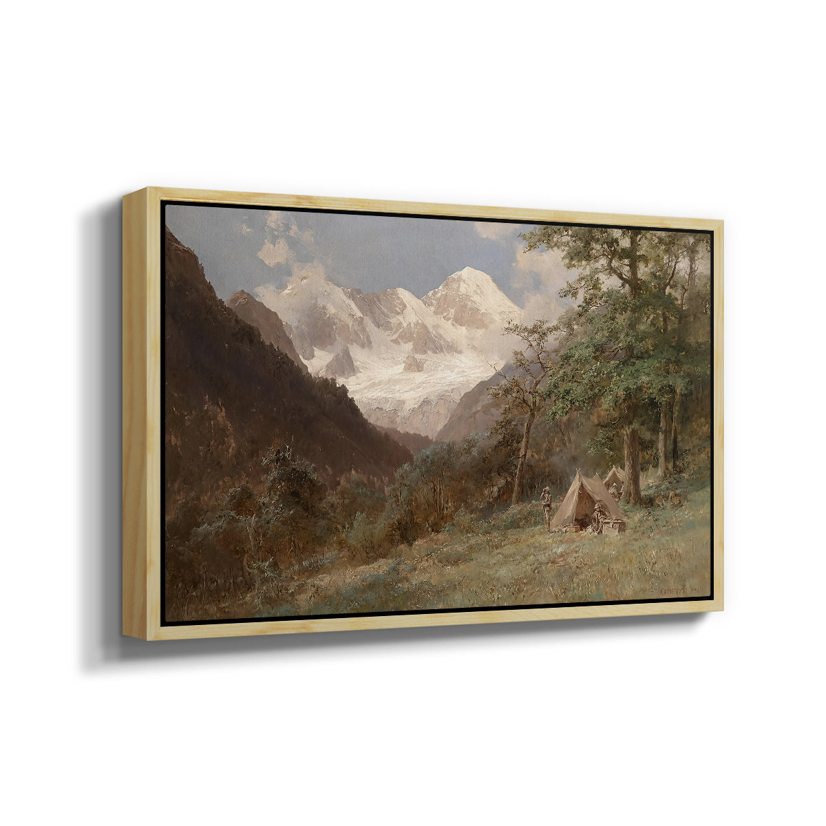 Angled view of Landscape in the Caucasus, c. 1921 by Edward Theodore Compton in a natural wood floater framed canvas.