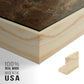 Close-up of the natural wood floater frame corner and gallery wrapped canvas construction.