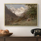 Landscape in the Caucasus, c. 1921 by Edward Theodore Compton in a natural wood floater framed canvas displayed above a console table in a hallway, featuring a realistic depiction of remote mountain environment.