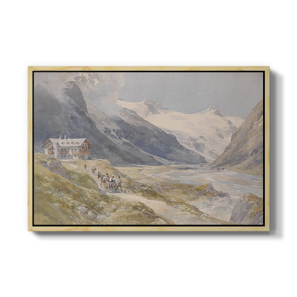 Shepherds (Pasterze), c. 1921 by Edward Theodore Compton in a natural wood floater framed canvas wall art display.