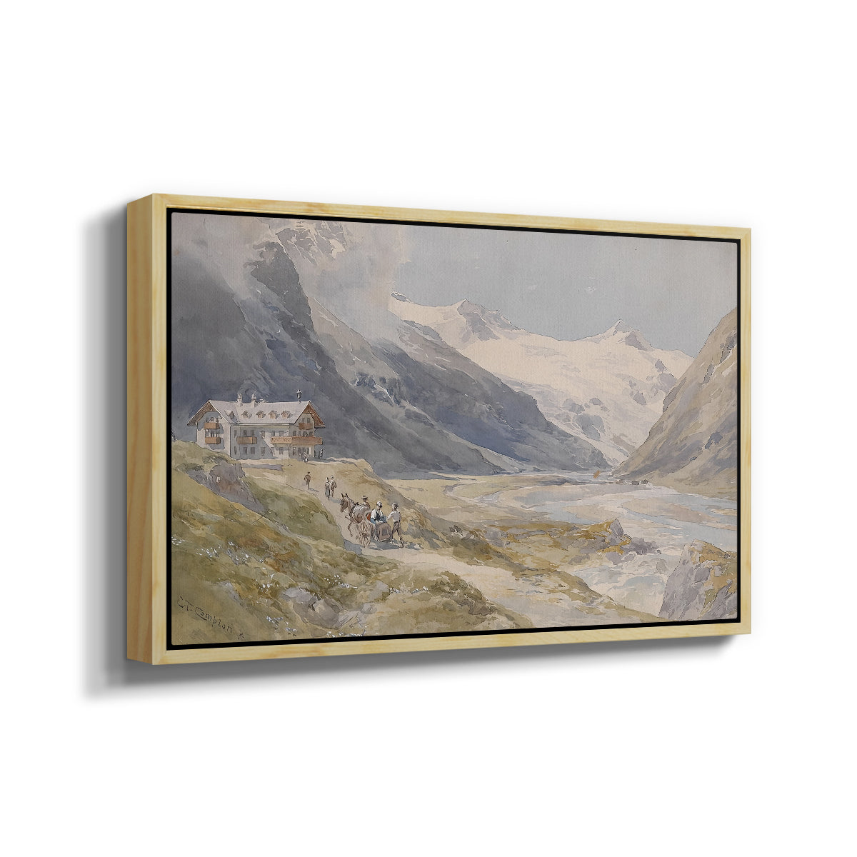 Angled view of Shepherds (Pasterze), c. 1921 by Edward Theodore Compton in a natural wood floater framed canvas.