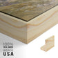 Close-up of the natural wood floater frame corner and gallery wrapped canvas construction.