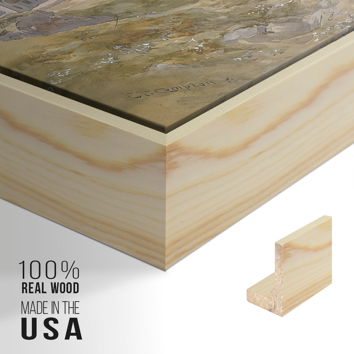 Close-up of the natural wood floater frame corner and gallery wrapped canvas construction.