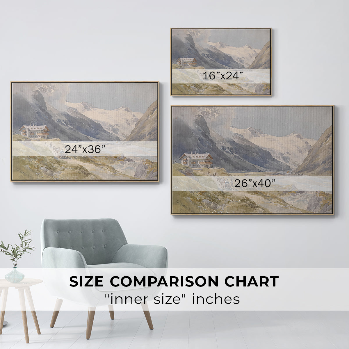 Size comparison chart for natural wood floater framed canvas featuring Shepherds (Pasterze), c. 1921 by Edward Theodore Compton.