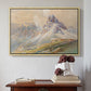 Natural wood floater framed canvas featuring From the Dolomites, 1904 by Edward Theodore Compton above an entryway table in a minimalist foyer.