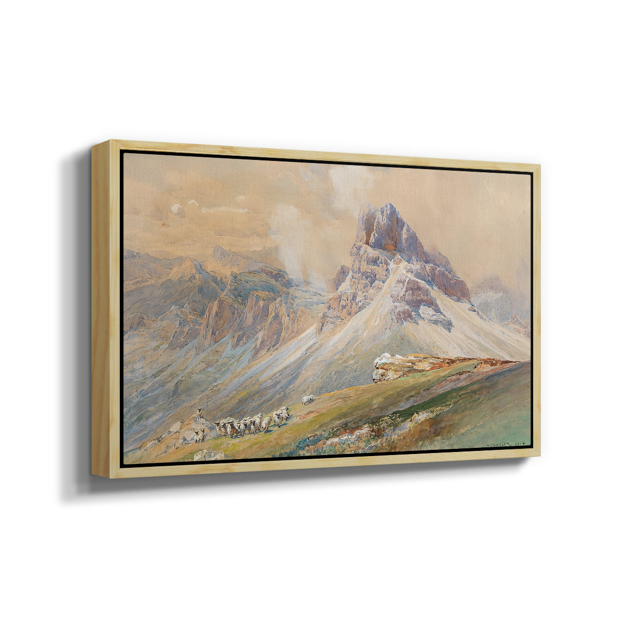 Angled view of From the Dolomites, 1904 by Edward Theodore Compton in a natural wood floater framed canvas.