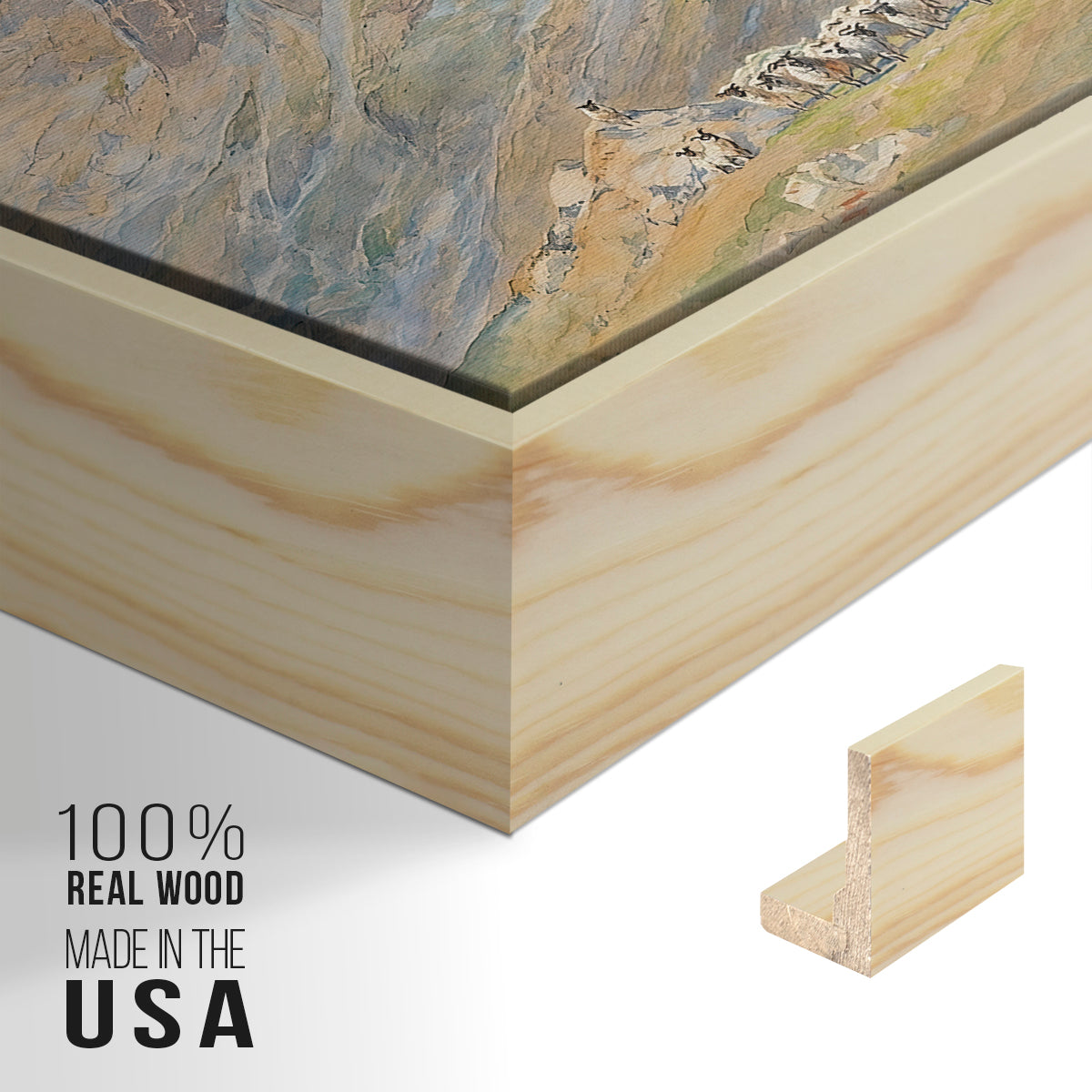 Close-up of the natural wood floater frame corner and gallery wrapped canvas construction.