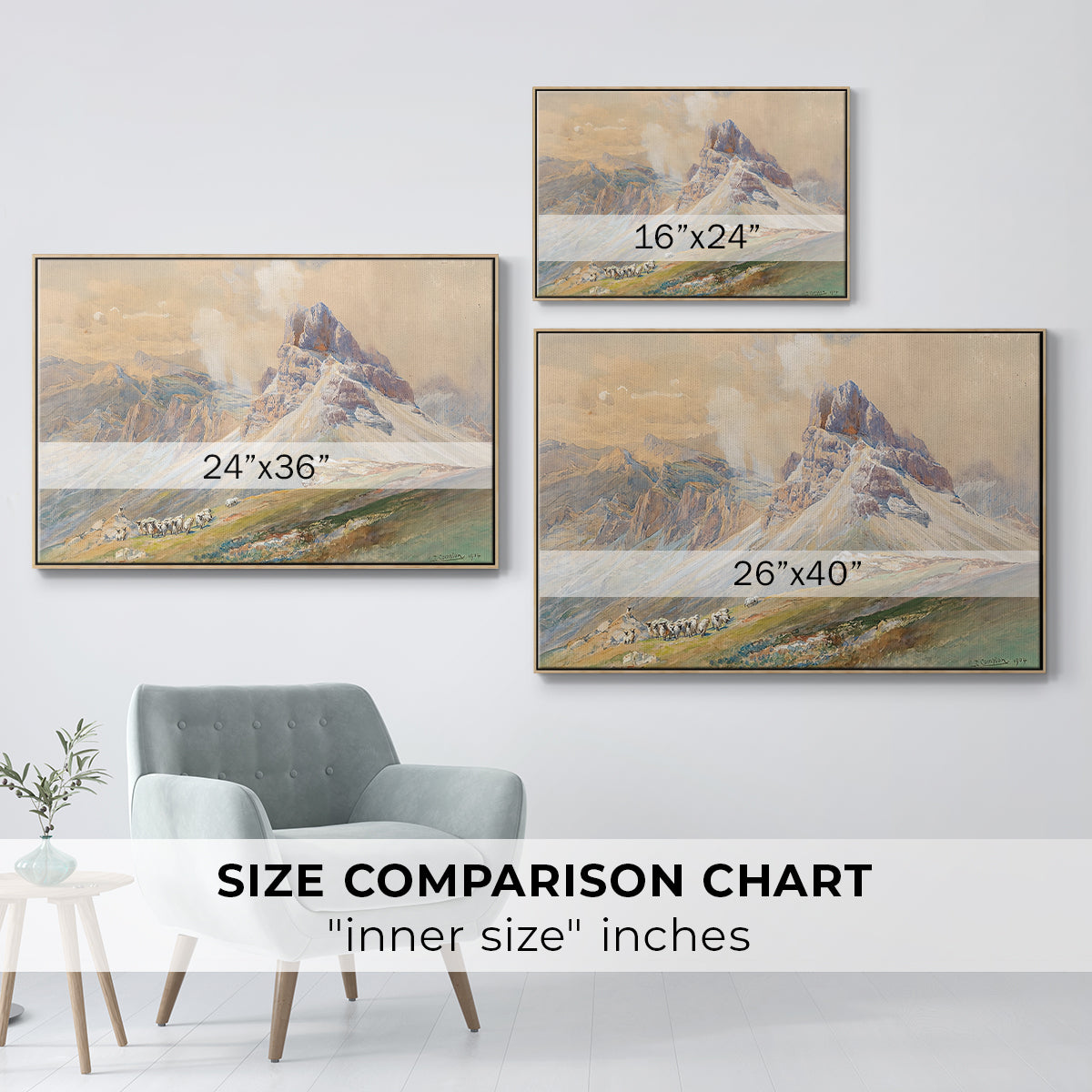 Size comparison chart for natural wood floater framed canvas featuring From the Dolomites, 1904 by Edward Theodore Compton.