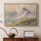 Natural wood floater framed canvas featuring an expansive landscape featuring iconic Dolomite peaks, displayed above a cabinet in a soft-toned living room.