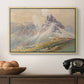 From the Dolomites, 1904 by Edward Theodore Compton in a natural wood floater framed canvas displayed above a console table in a hallway, featuring a realistic mountain view with strong geological forms.
