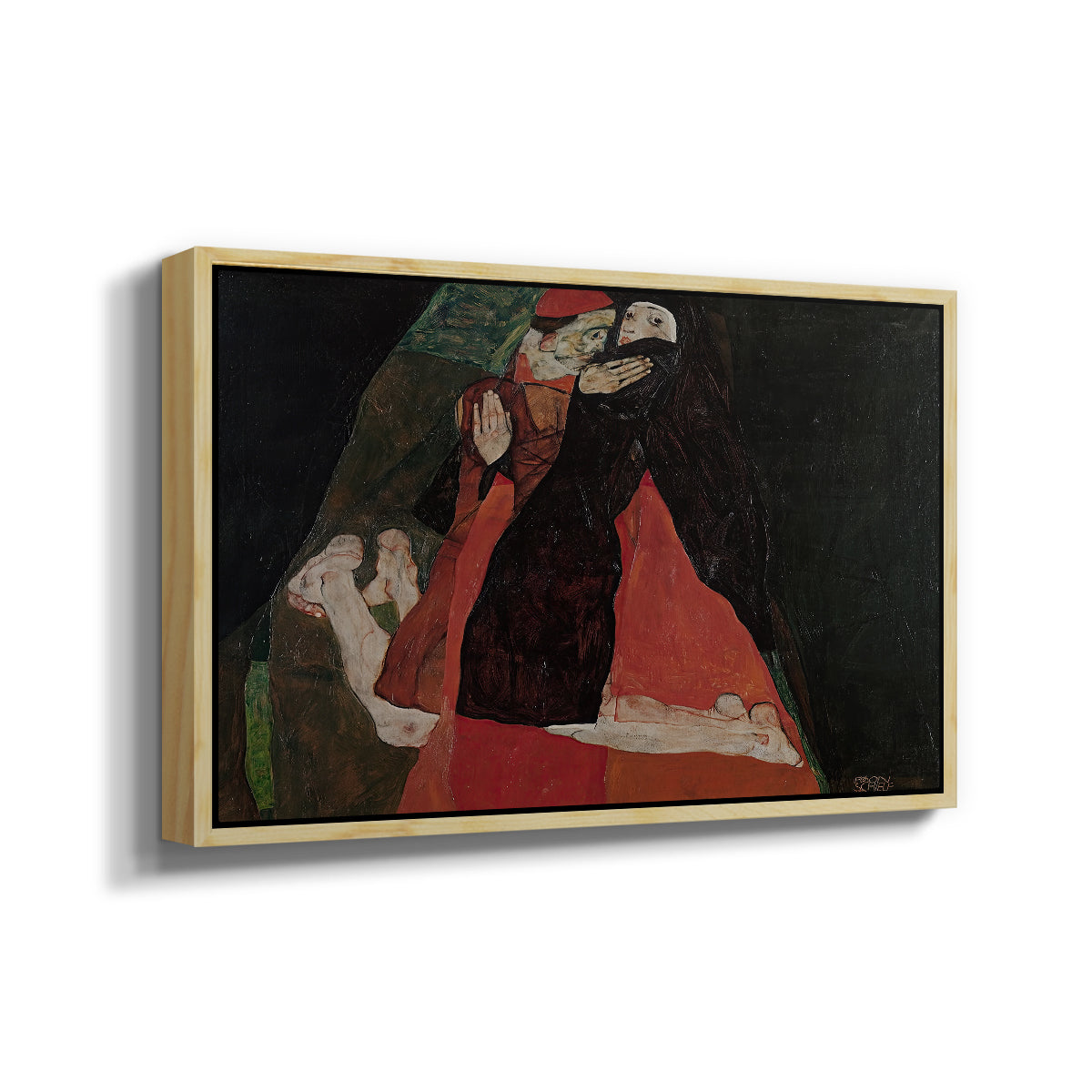 Angled view of Cardinal and Nun (Caress), 1912 by Egon Schiele in a natural wood floater framed canvas.