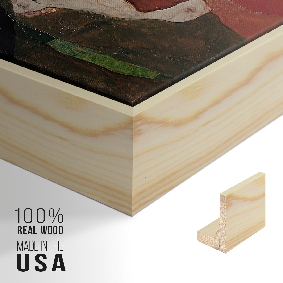 Close-up of the natural wood floater frame corner and gallery wrapped canvas construction.