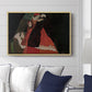 Cardinal and Nun (Caress), 1912 by Egon Schiele displayed above a sofa in a living room in a natural wood floater frame, featuring a cardinal and nun depicted in close emotional interaction.