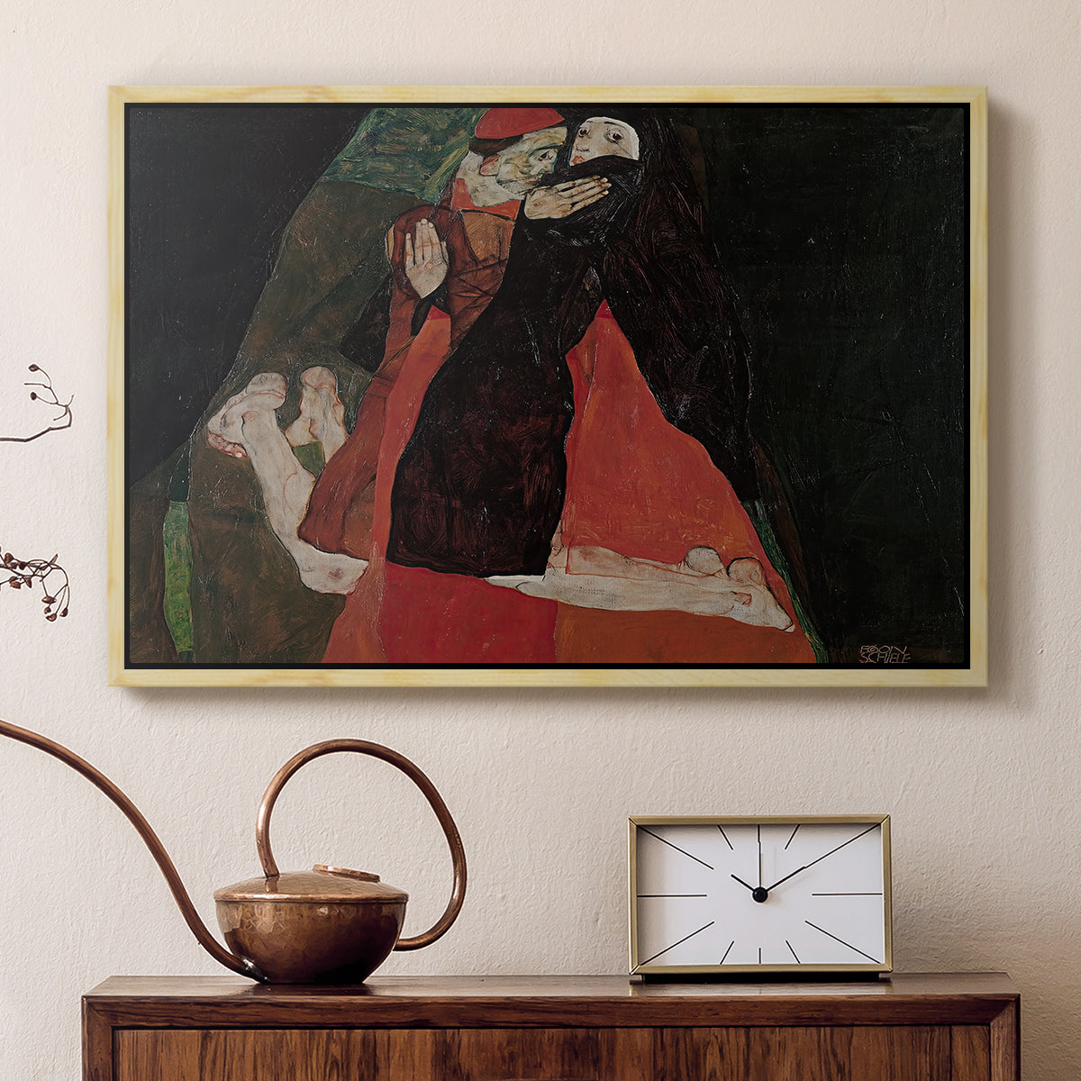 Natural wood floater framed canvas featuring an expressive painting of figures entwined with bold lines and color, displayed above a cabinet in a soft-toned living room.