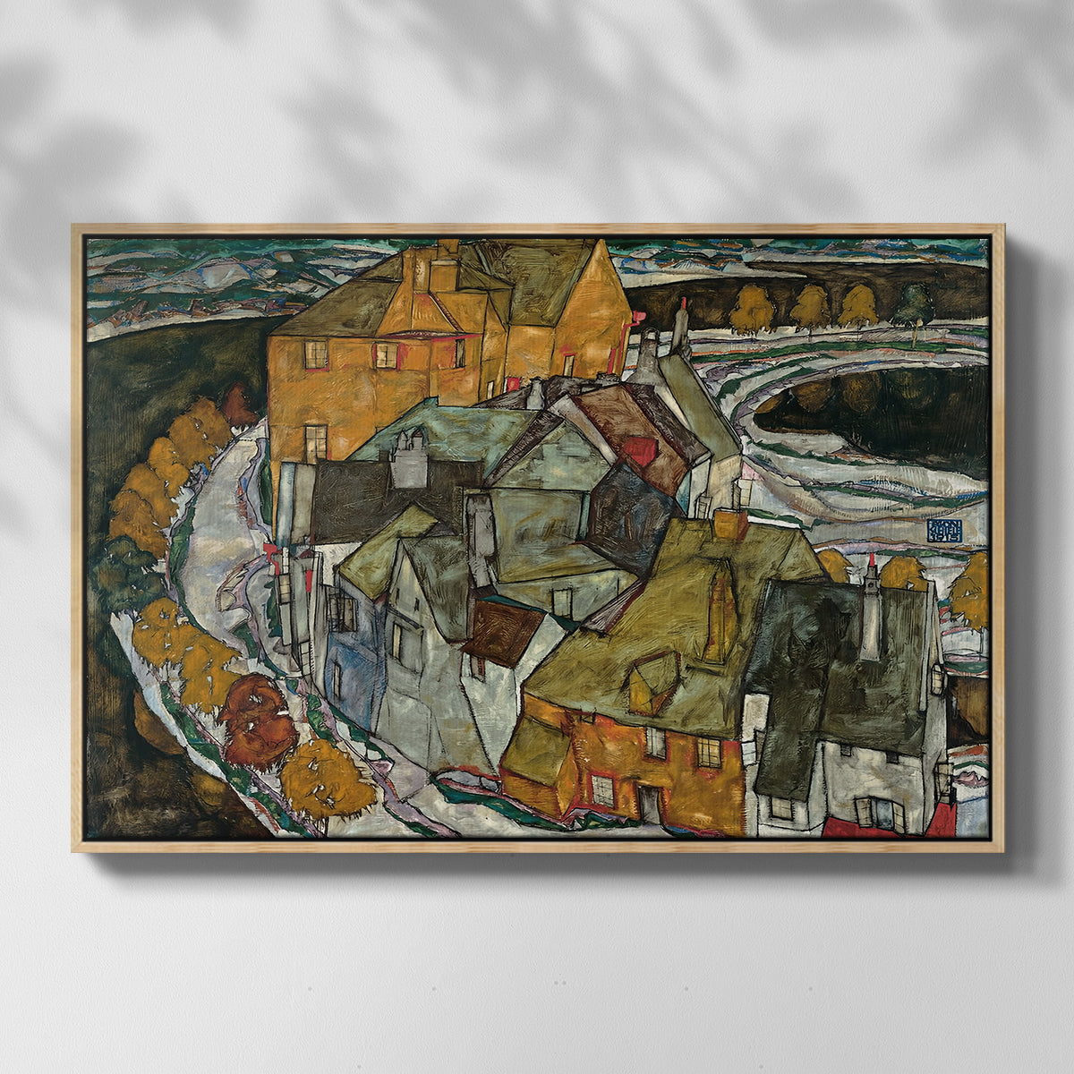 Front view of Crescent of Houses II (Island Town), 1915 by Egon Schiele in a natural wood floater framed canvas.