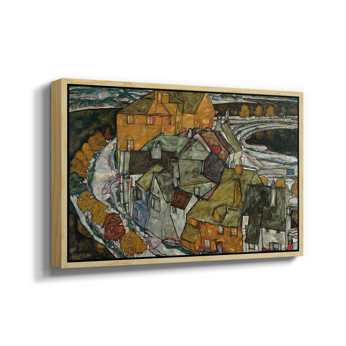 Angled view of Crescent of Houses II (Island Town), 1915 by Egon Schiele in a natural wood floater framed canvas.