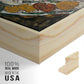 Close-up of the natural wood floater frame corner and gallery wrapped canvas construction.