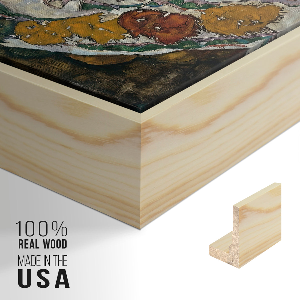 Close-up of the natural wood floater frame corner and gallery wrapped canvas construction.
