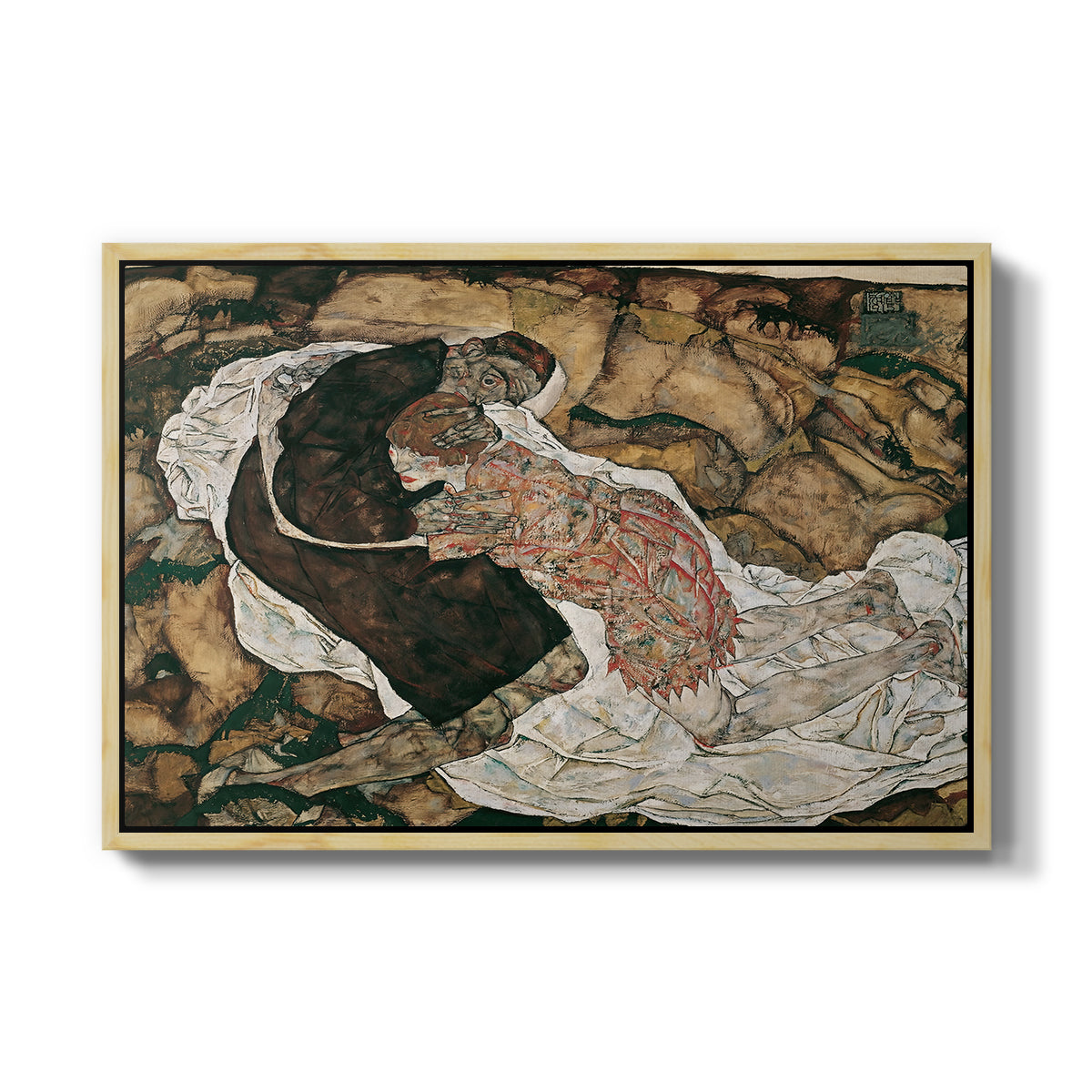Death and the Maiden, 1915 by Egon Schiele in a natural wood floater framed canvas wall art display.