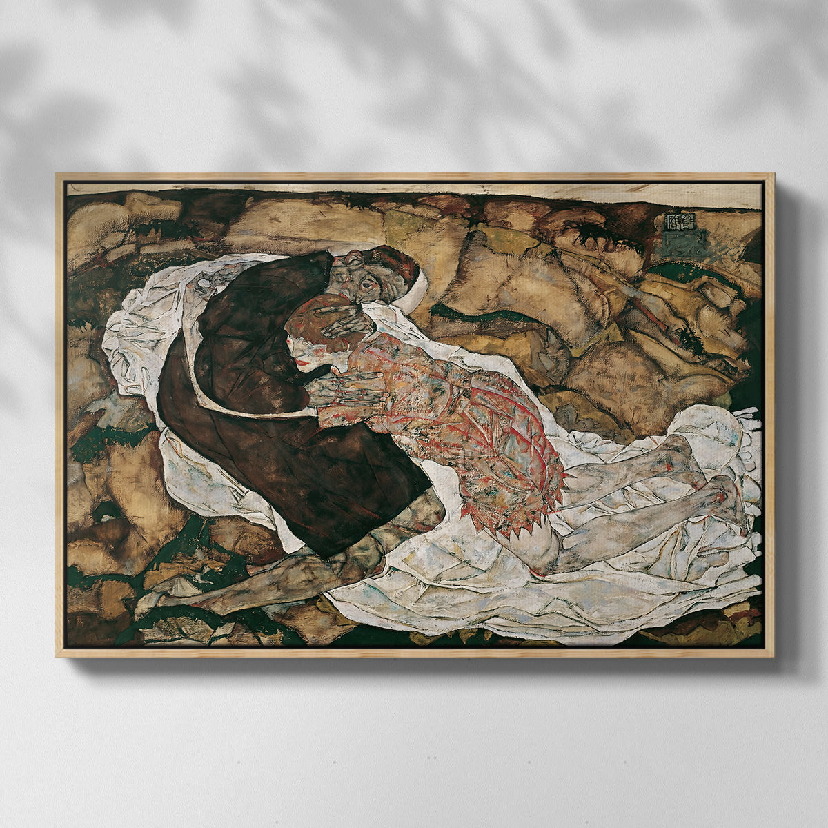 Front view of Death and the Maiden, 1915 by Egon Schiele in a natural wood floater framed canvas.