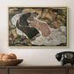 Death and the Maiden, 1915 by Egon Schiele in a natural wood floater framed canvas displayed above a console table in a hallway, featuring an intense composition exploring life and death through figures.