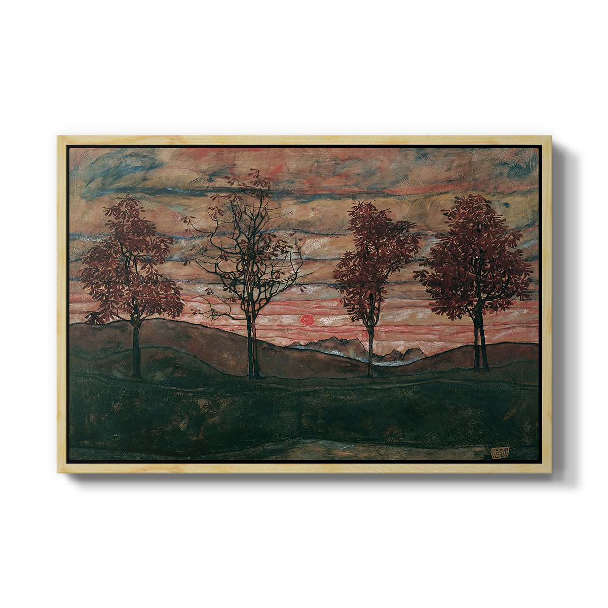Four Trees, 1917 by Egon Schiele in a natural wood floater framed canvas wall art display.