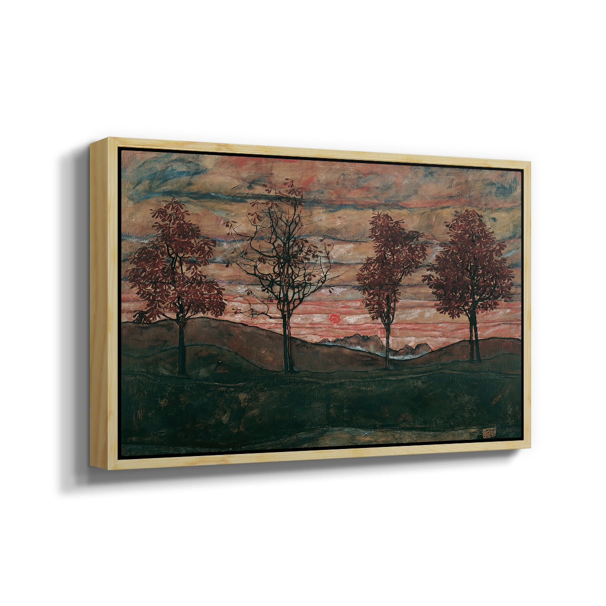 Angled view of Four Trees, 1917 by Egon Schiele in a natural wood floater framed canvas.