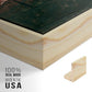 Close-up of the natural wood floater frame corner and gallery wrapped canvas construction.