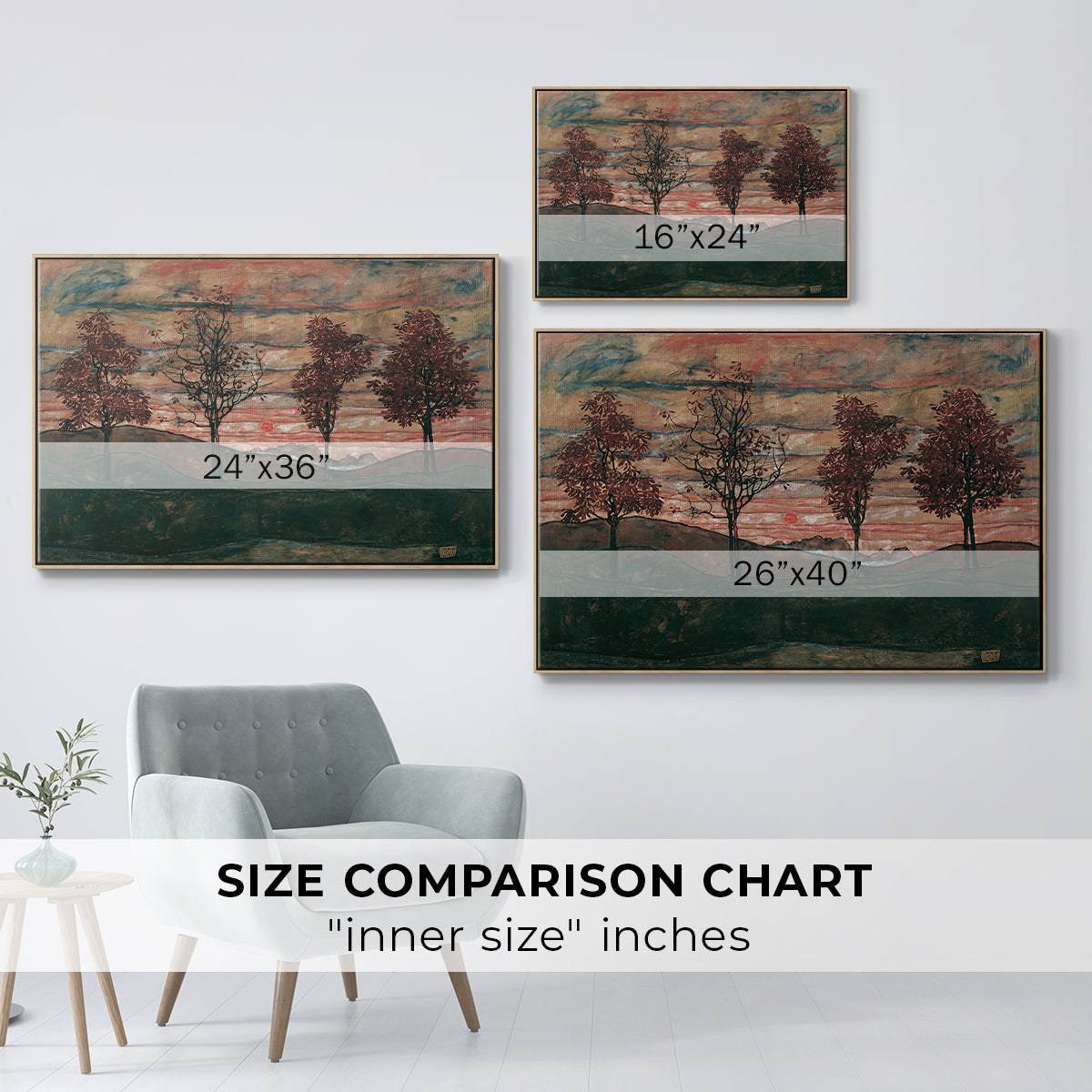 Size comparison chart for natural wood floater framed canvas featuring Four Trees, 1917 by Egon Schiele.