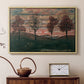 Natural wood floater framed canvas featuring a stylized nature scene with strong outlines and simple composition, displayed above a cabinet in a soft-toned living room.