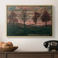 Four Trees, 1917 by Egon Schiele in a natural wood floater framed canvas displayed above a console table in a hallway, featuring an expressionist landscape featuring isolated trees in field.