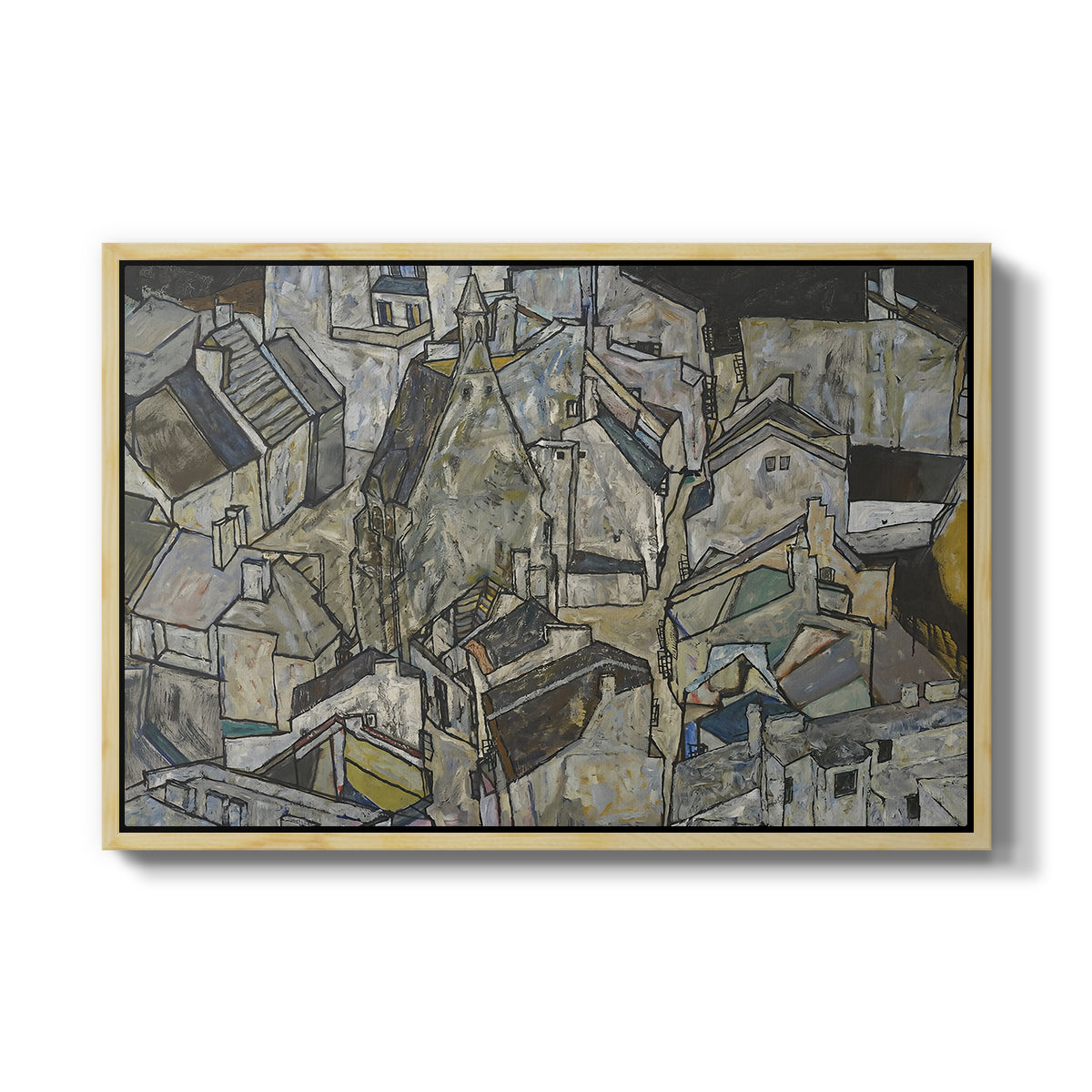 Mödling II, 1918 by Egon Schiele in a natural wood floater framed canvas wall art display.