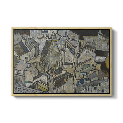 Mödling II, 1918 by Egon Schiele in a natural wood floater framed canvas wall art display.