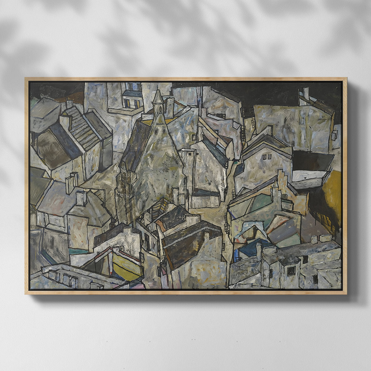 Front view of Mödling II, 1918 by Egon Schiele in a natural wood floater framed canvas.