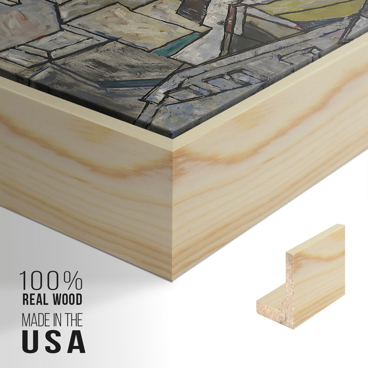 Close-up of the natural wood floater frame corner and gallery wrapped canvas construction.