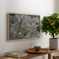 Mödling II, 1918 by Egon Schiele, presented in a natural wood floater framed canvas featuring clustered geometric houses forming dense urban landscape with sharp angles, displayed above a hallway console table.