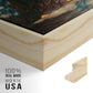 Close-up of the natural wood floater frame corner and gallery wrapped canvas construction.