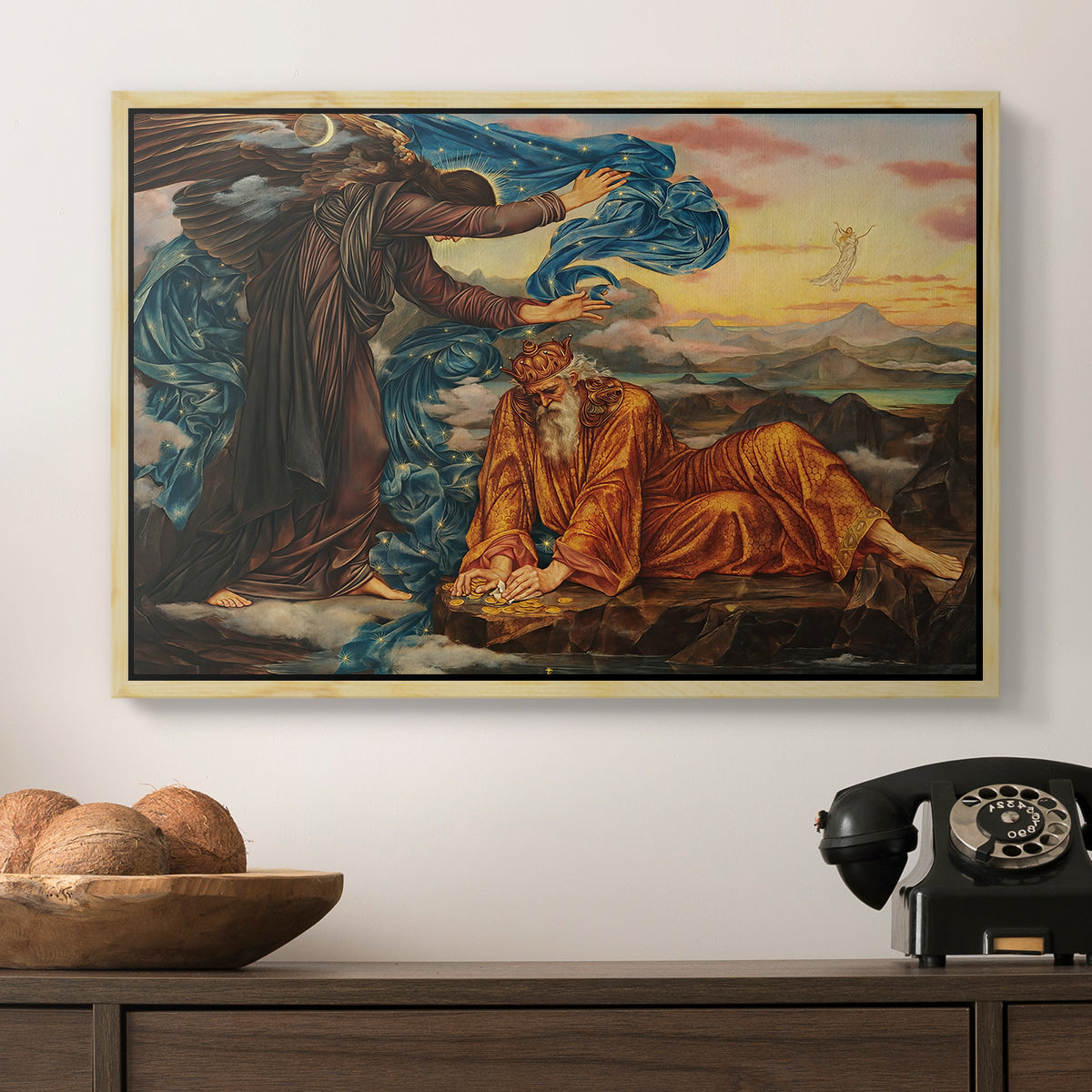 Earthbound, 1897 by Evelyn De Morgan in a natural wood floater framed canvas displayed above a console table in a hallway, featuring a classical-style figure lying in ornate, mystical environment.
