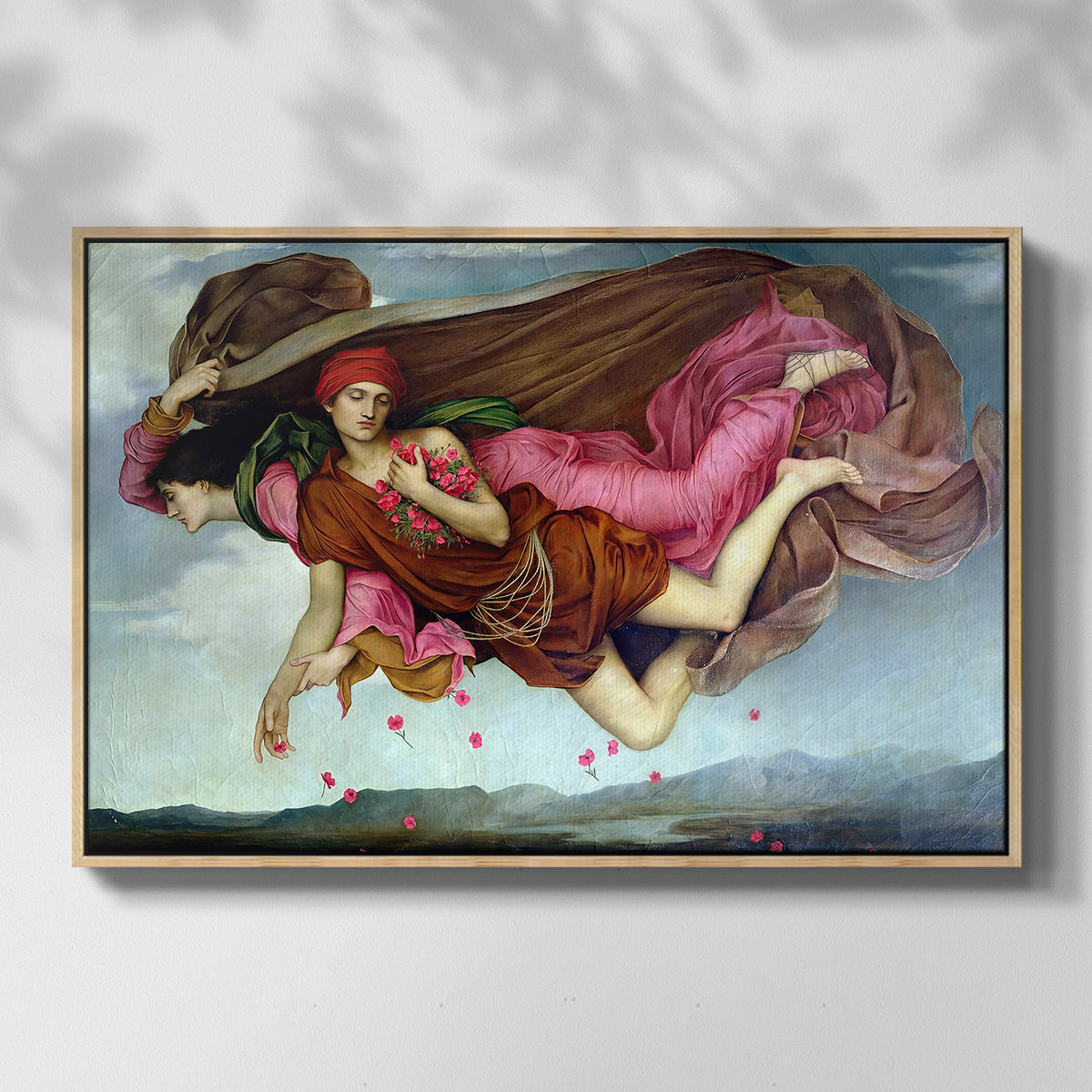Front view of Night and Sleep, 1878 by Evelyn De Morgan in a natural wood floater framed canvas.