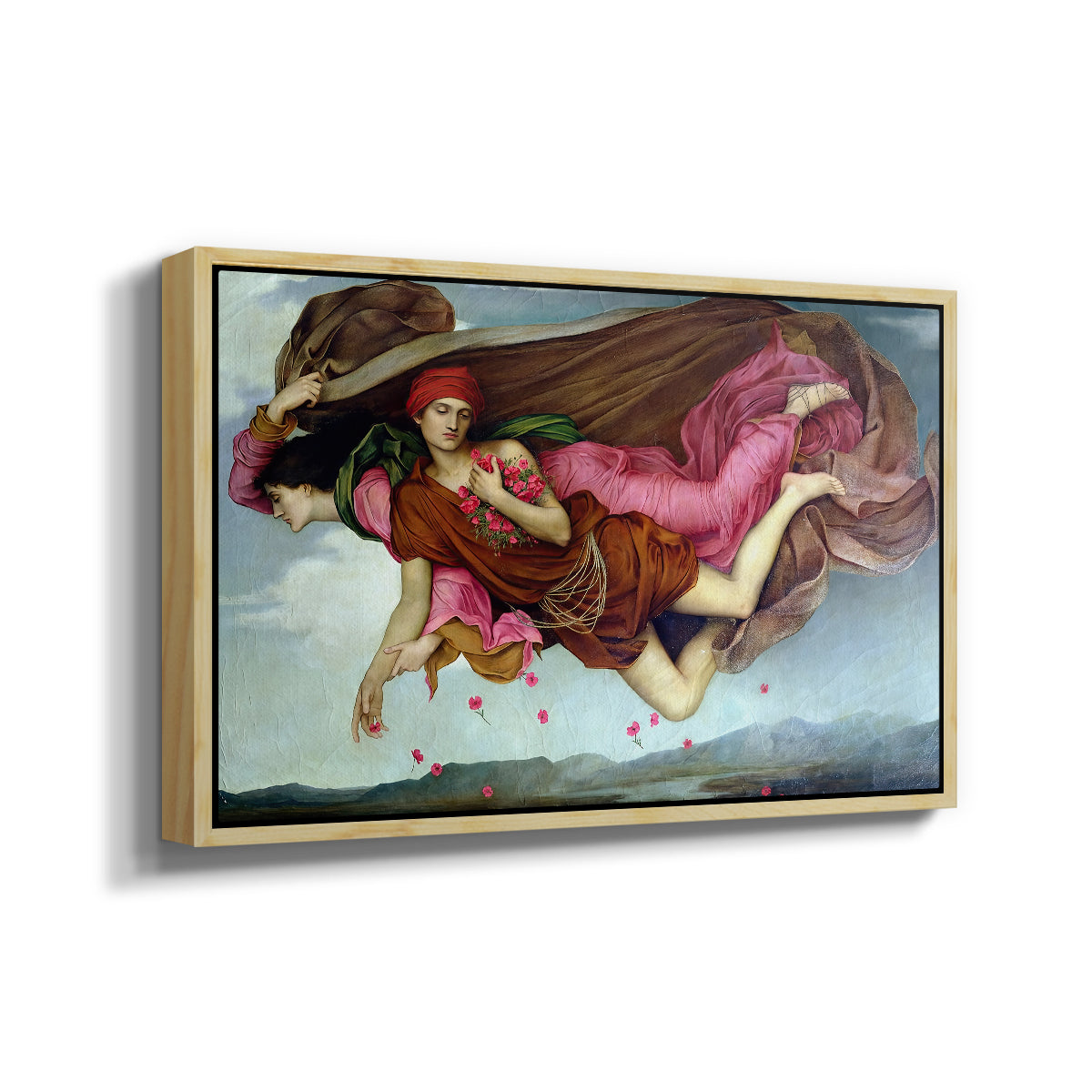 Angled view of Night and Sleep, 1878 by Evelyn De Morgan in a natural wood floater framed canvas.