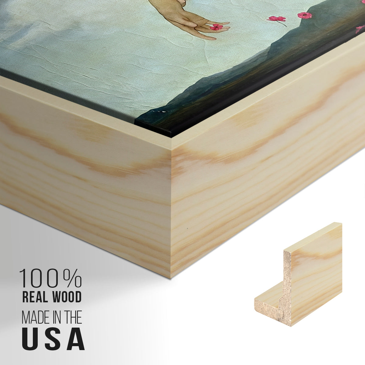 Close-up of the natural wood floater frame corner and gallery wrapped canvas construction.
