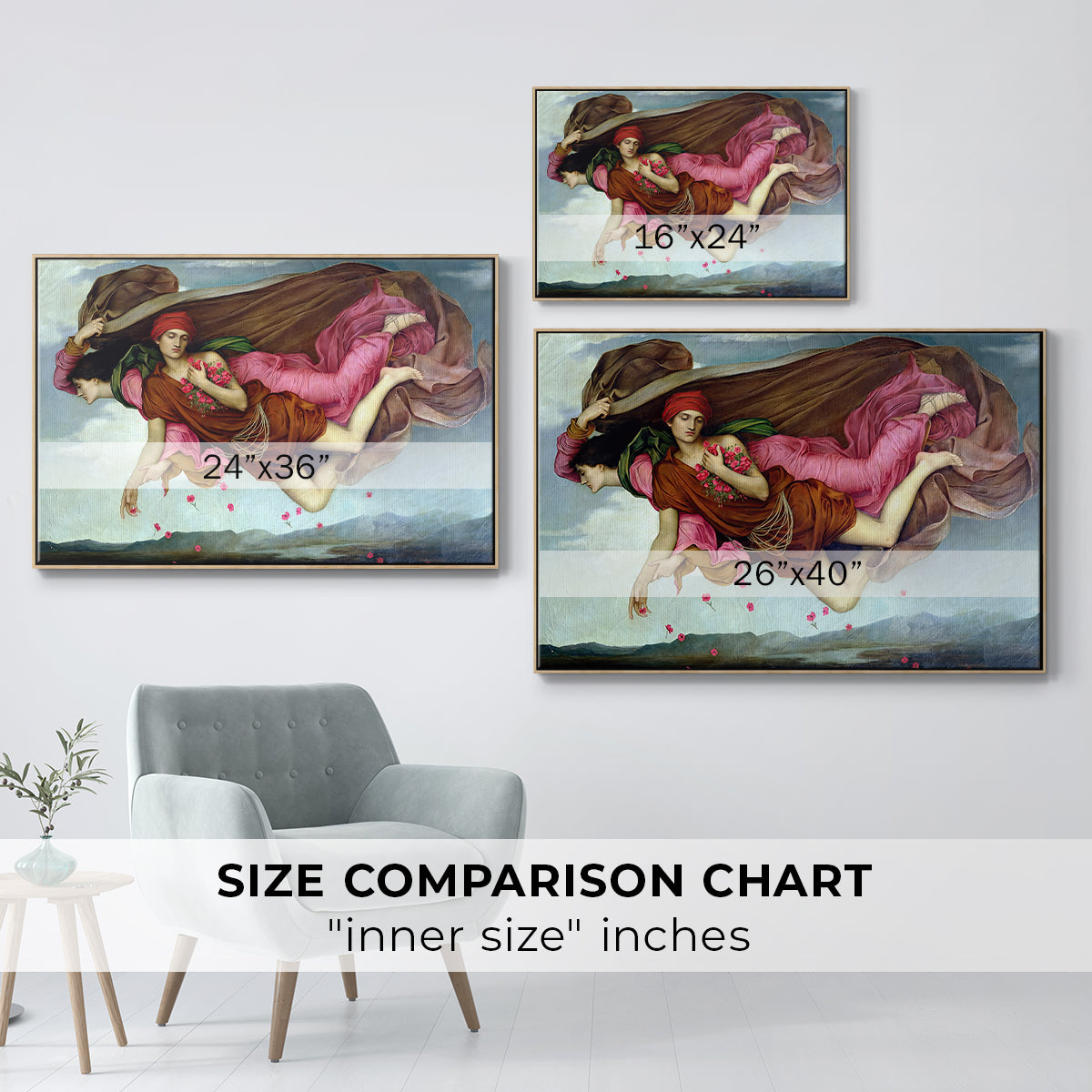 Size comparison chart for natural wood floater framed canvas featuring Night and Sleep, 1878 by Evelyn De Morgan.