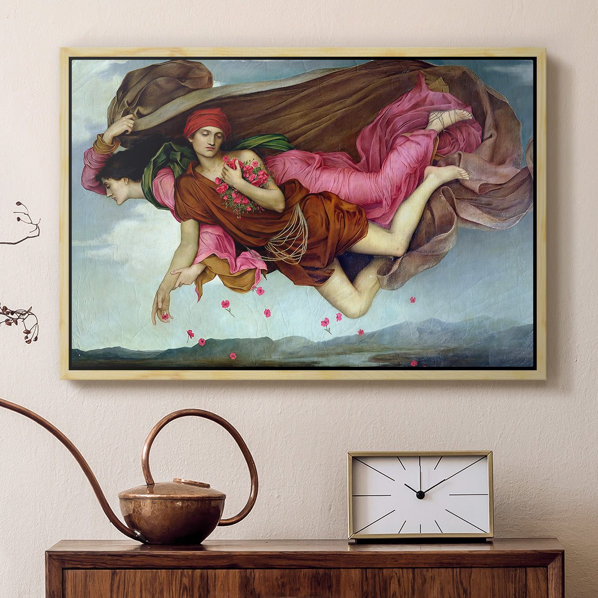 Natural wood floater framed canvas featuring a dreamlike scene with draped figures drifting across dark background, displayed above a cabinet in a soft-toned living room.