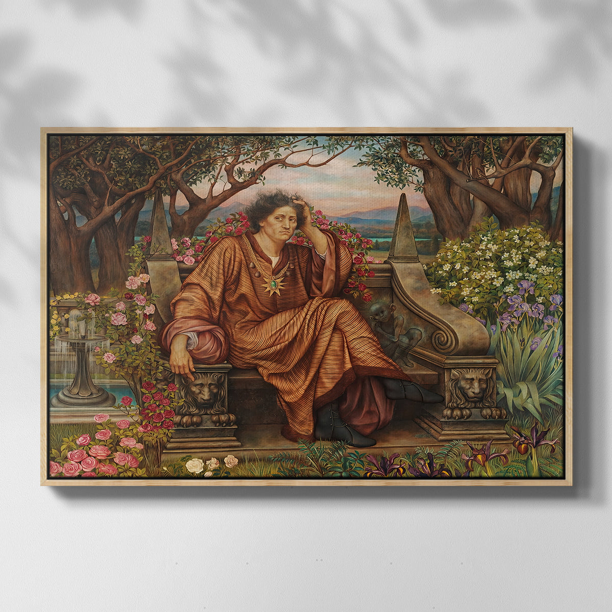 Front view of A Soul in Hell, c. 1901-1902 by Evelyn De Morgan in a natural wood floater framed canvas.