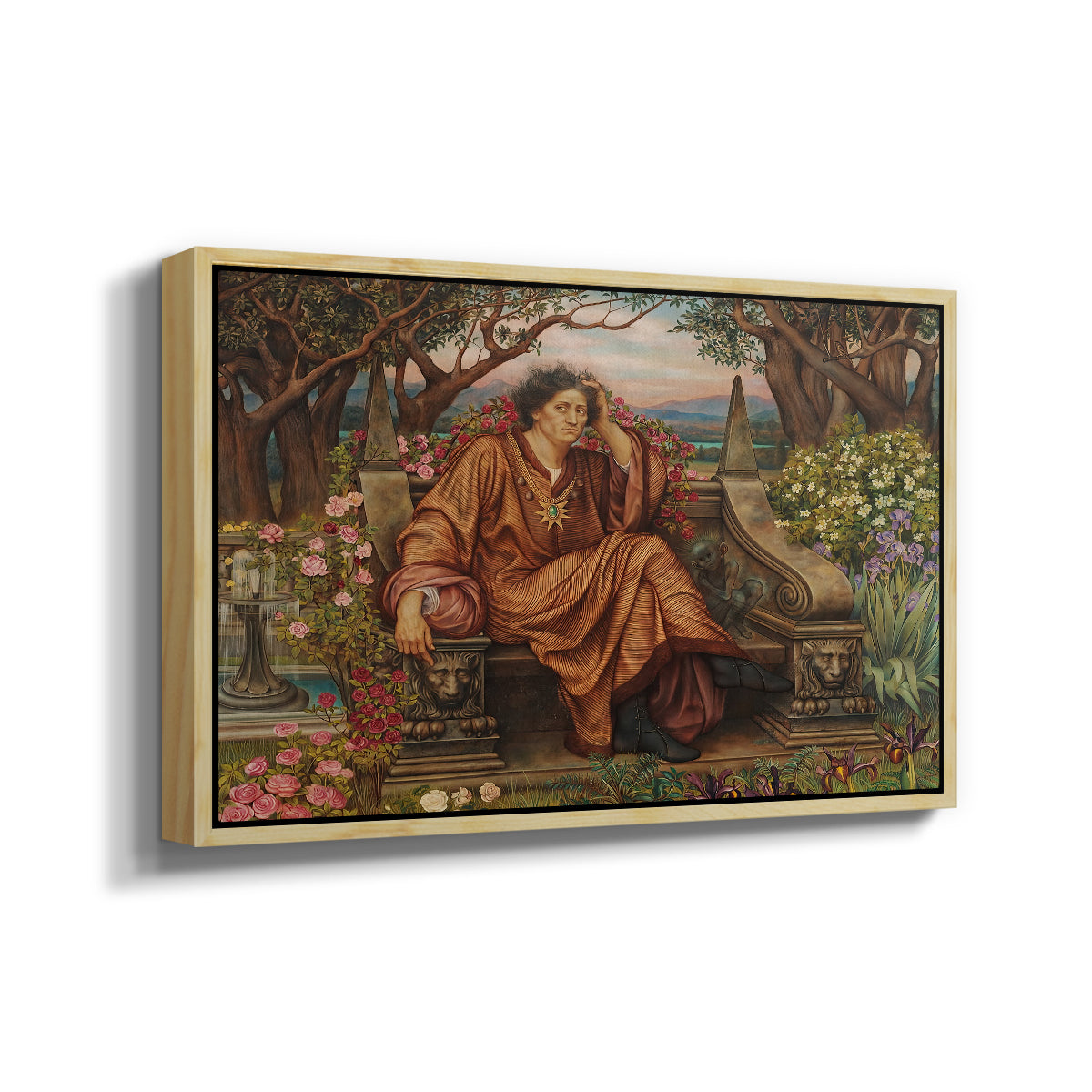 Angled view of A Soul in Hell, c. 1901-1902 by Evelyn De Morgan in a natural wood floater framed canvas.