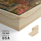 Close-up of the natural wood floater frame corner and gallery wrapped canvas construction.
